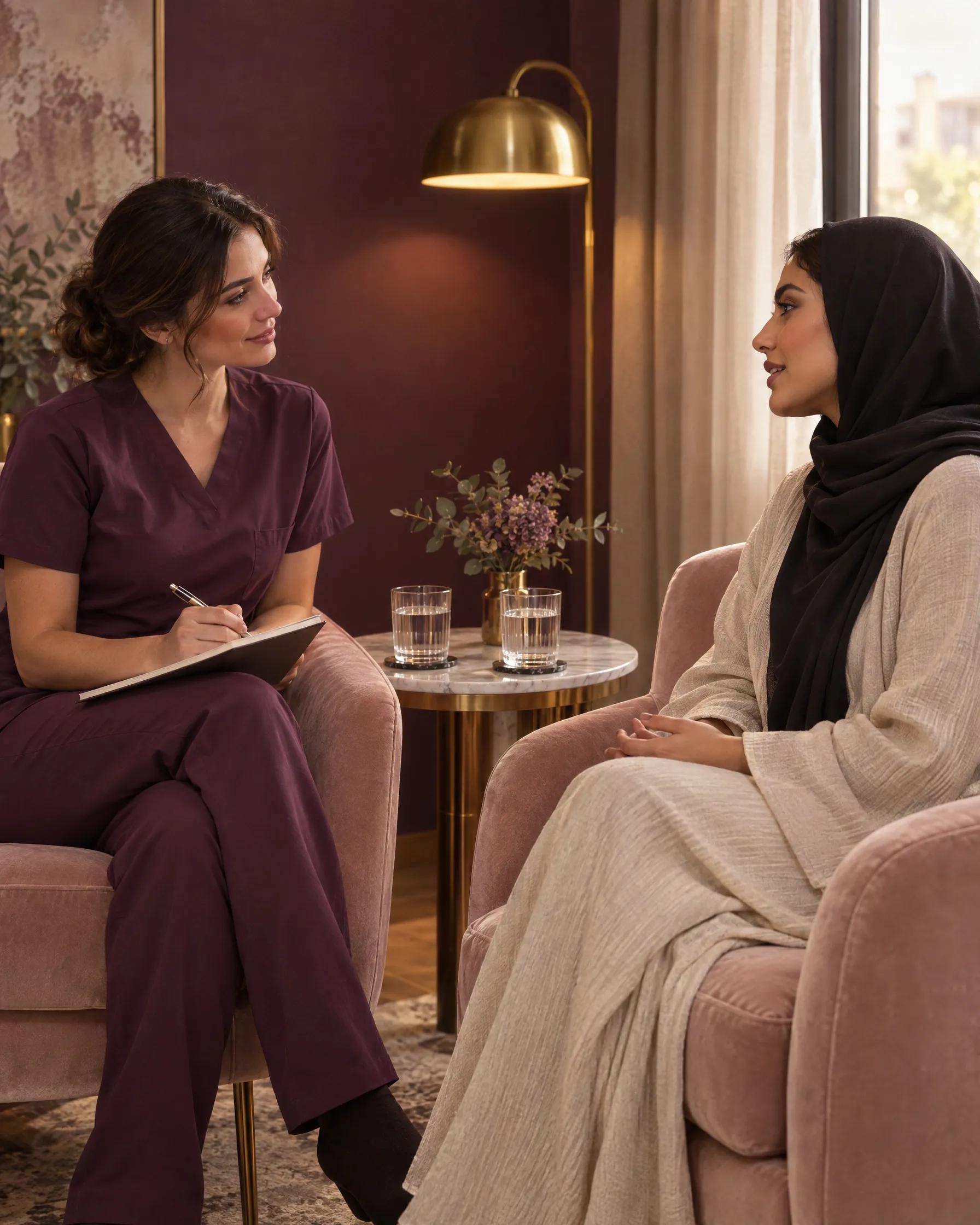 A nurse taking notes while talking with a client in blush armchairs