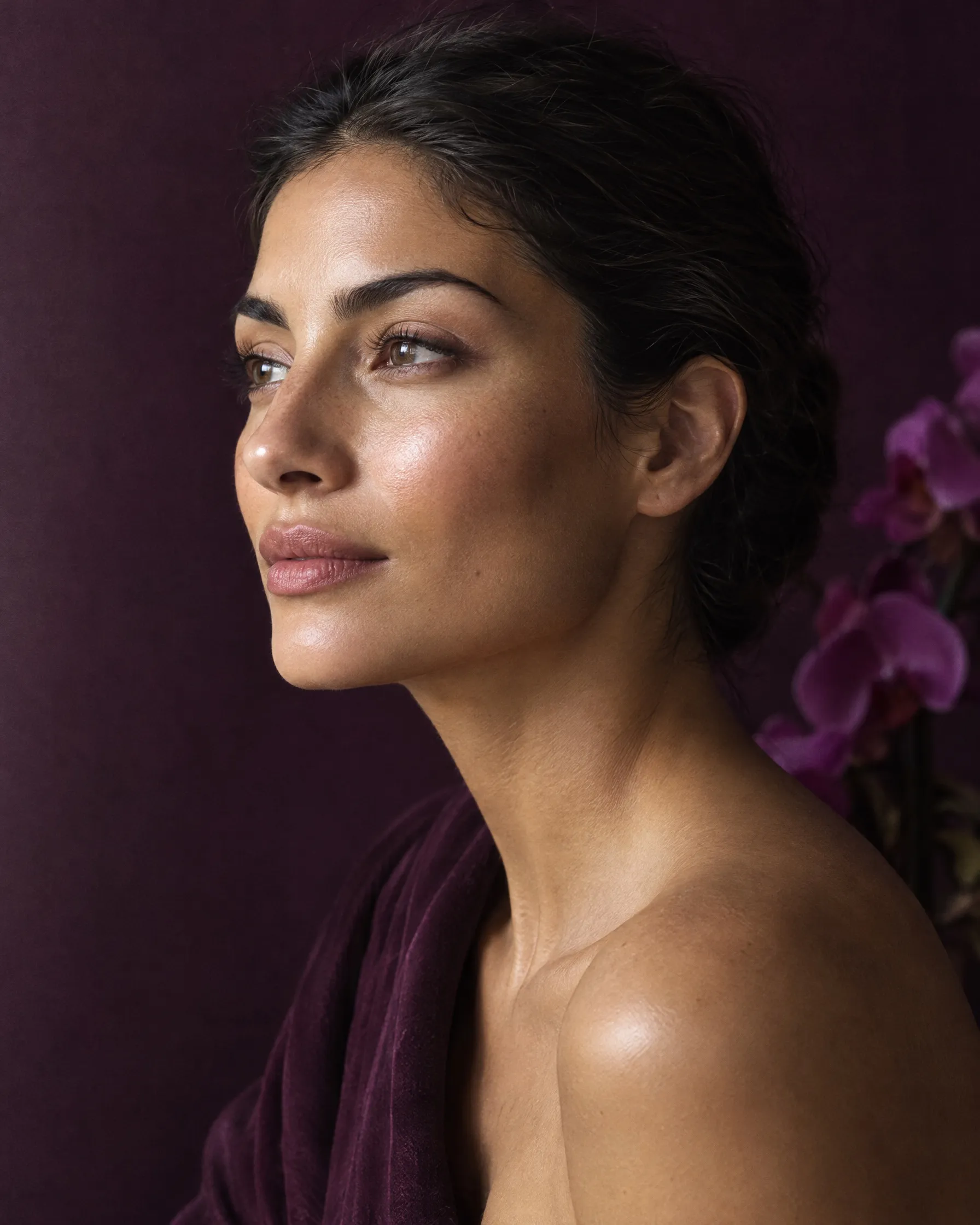 Three-quarter profile of a woman with luminous, even skin against a plum backdrop