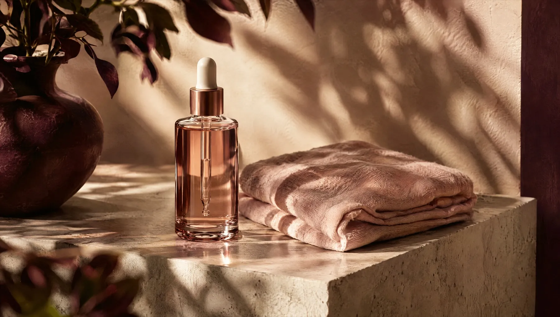 A glass dropper bottle and a folded blush cloth on a stone ledge in warm sunlight